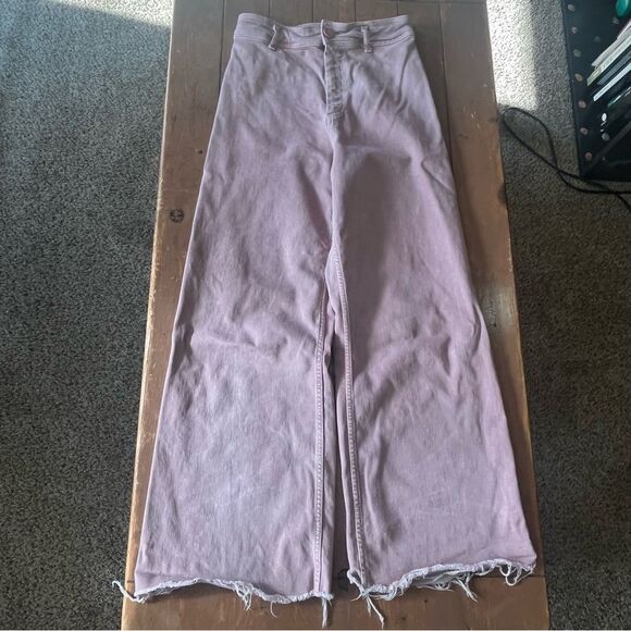 Zara Womens Y2K Wide Leg Jeans Pastel Pink High rise Flare Boho Raw Hem - Picture 5 of 9